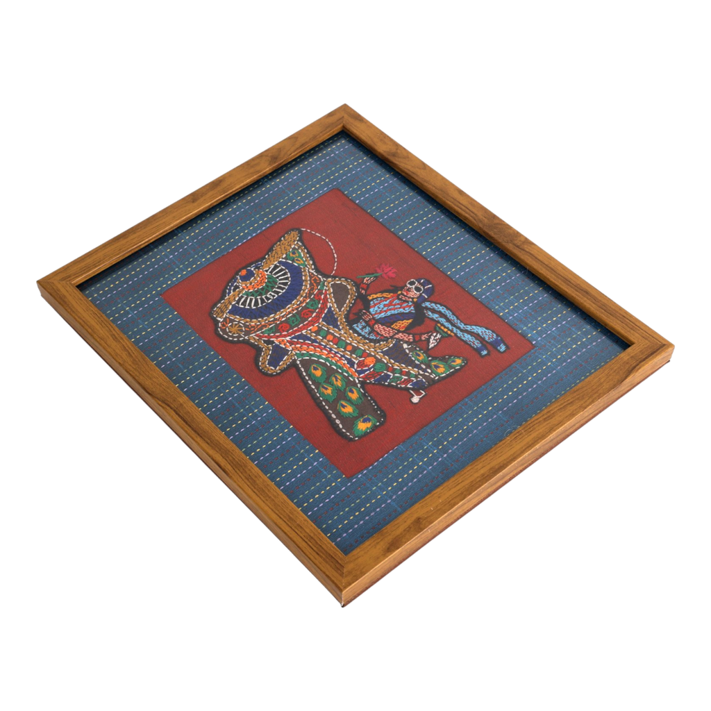 Handcrafted Embroidered Aircraft Folk Art Wall Frame – Traditional Textile Wall Décor with Wooden Frame