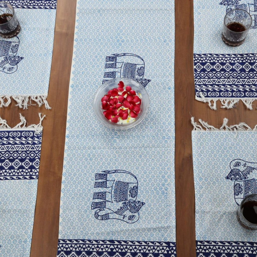 Indha Table Mats And Runner Set |Hand Block-Printed Blue Ethnic Elephant Design  Pattern Cotton Set 0f 6 Table Mats And 1 Runner |
