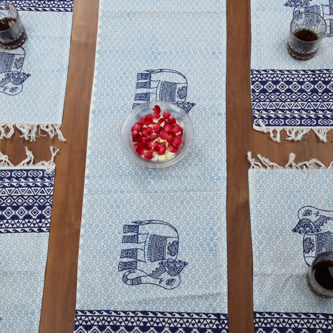 Indha Table Mats And Runner Set |Hand Block-Printed Blue Ethnic Elephant Design  Pattern Cotton Set 0f 6 Table Mats And 1 Runner |