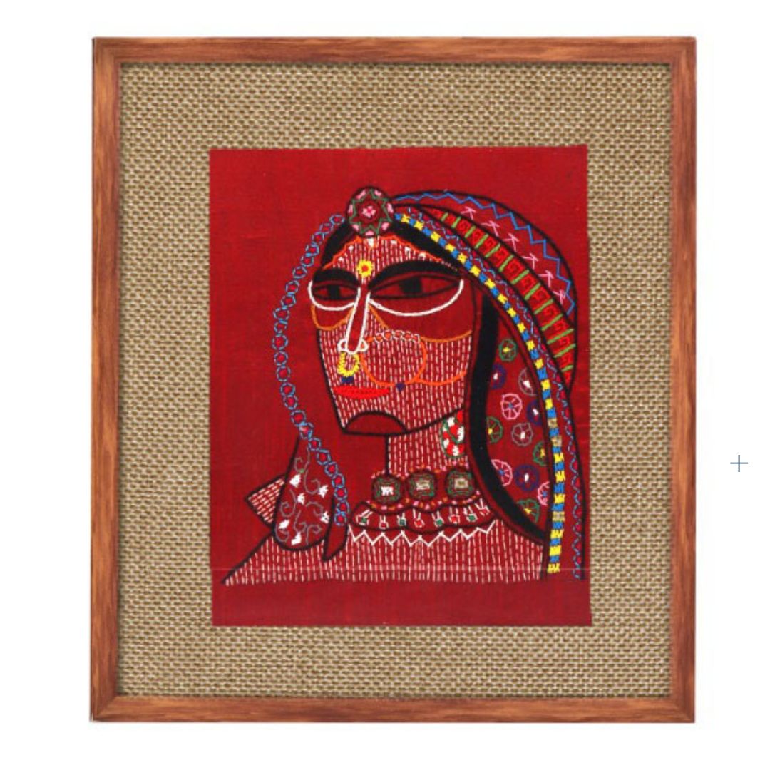 INDHA Wooden Framed Wall Decor With Hand Embroidered Portrait Of Rural Rajasthani Man Rural Woman