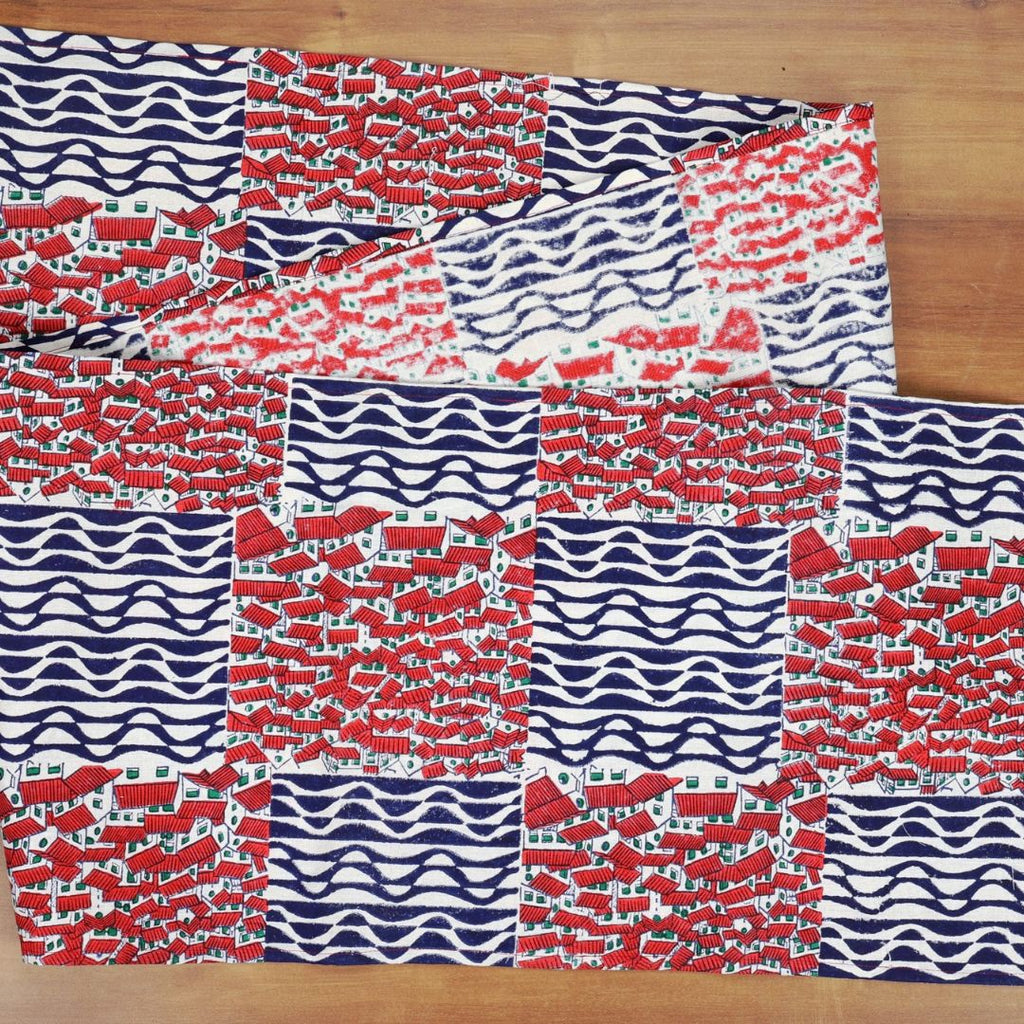Indha Table Mat &amp; Runner Set | Hand Block Printed Red-White Hut Motif And Blue Design Pattern Cotton Table Mats And Runner Set | Set 0f 6 Table Mats And 1 Runner |