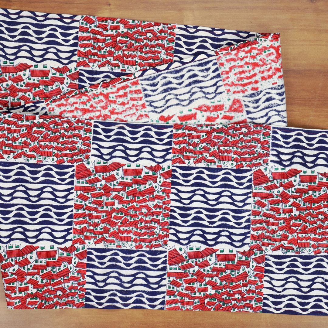 Indha Table Mat &amp; Runner Set | Hand Block Printed Red-White Hut Motif And Blue Design Pattern Cotton Table Mats And Runner Set | Set 0f 6 Table Mats And 1 Runner |