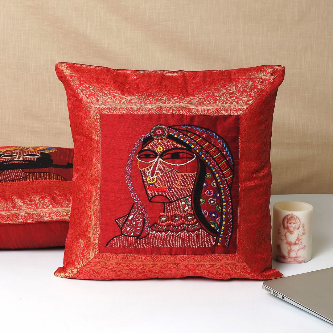 Indha Hand Embroidered Cushion Covers Royal-Couple Embroidery | 16x16 Cushion Covers Set of 2 | Unique Cushion Covers | Home Furnishing | Home Decor | Corporate Gifting
