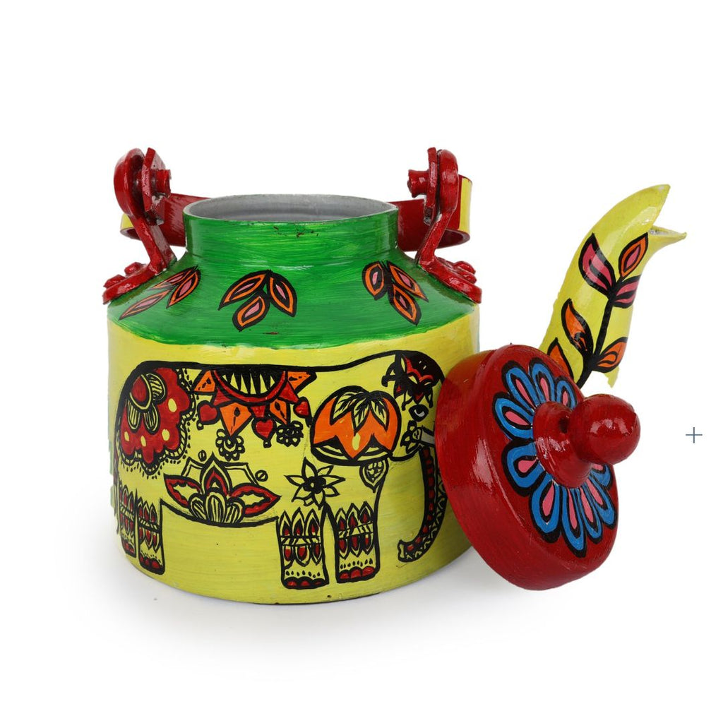 INDHA Yellow Hand Painted Aluminium Decorative Kettle With Elephant Print | Handpainted Décor | Home Décor | Home Utility | Living Room Décor | Gifting | Décor | Kitchen Utility