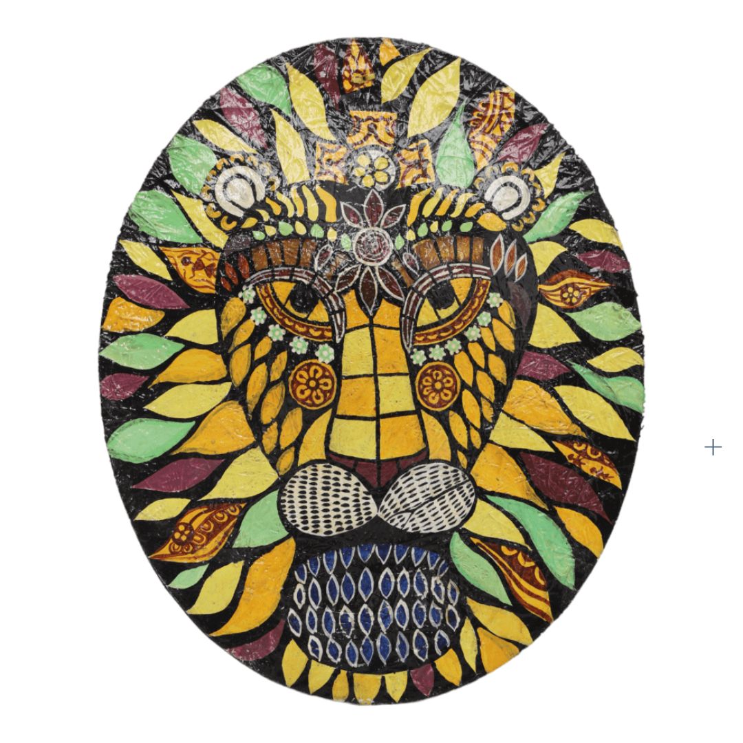 Indha's Hand-Painted Lion's Face Wall Art | Paper mache Painted Lion Face Wall artwork | Sustainable wall hanging art| Wall art for living room| Wooden painted wall art|