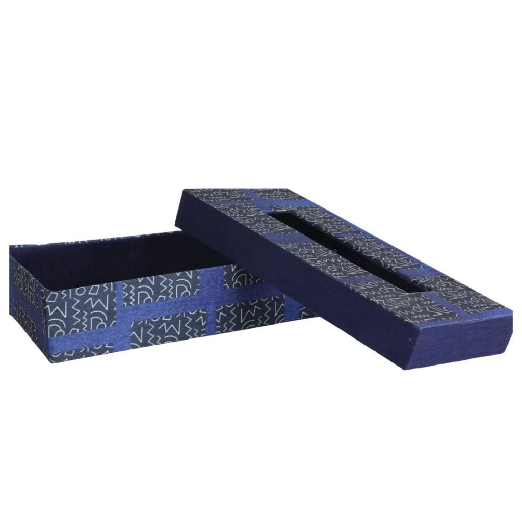 Indha Tissue Box | Handcrafted Tissue Paper Box Black & Blue | Black & Blue Dupion Silk Tissue Box | White And Blue Abstract Line Pattern Design Digitally Printed | 50 Papers Tissue Box |
