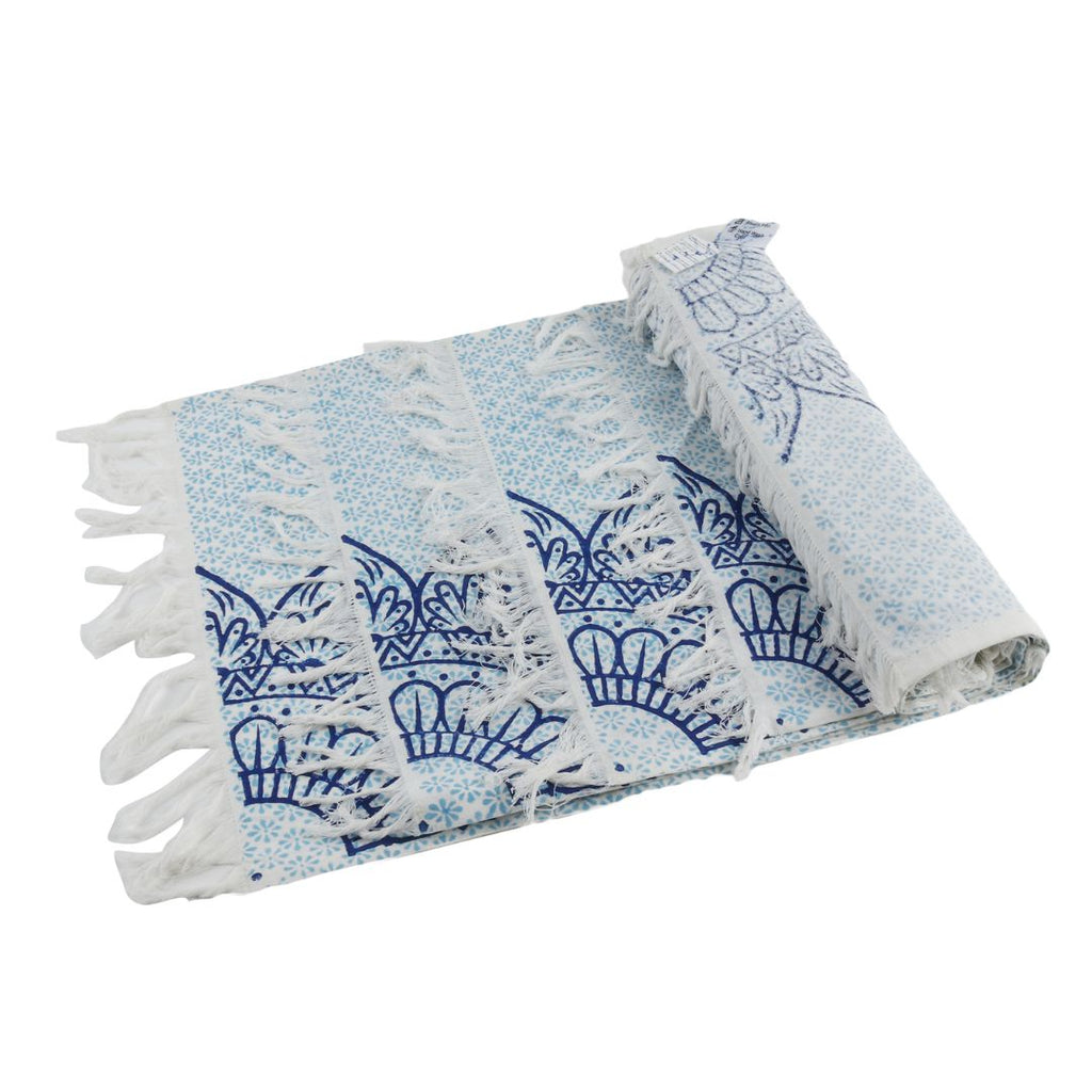Indha Table Mat & Runner Set | Hand Block-Printed Blue Flower Mandala Design Pattern Cotton Table Mats And Runner Set | Set 0f 6 Table Mats And 1 Runner