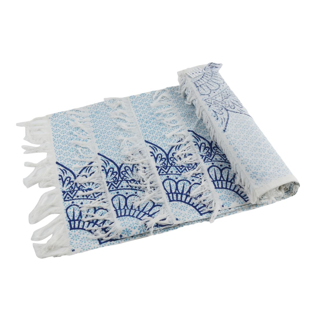 Indha Table Mat & Runner Set | Hand Block-Printed Blue Flower Mandala Design Pattern Cotton Table Mats And Runner Set | Set 0f 6 Table Mats And 1 Runner