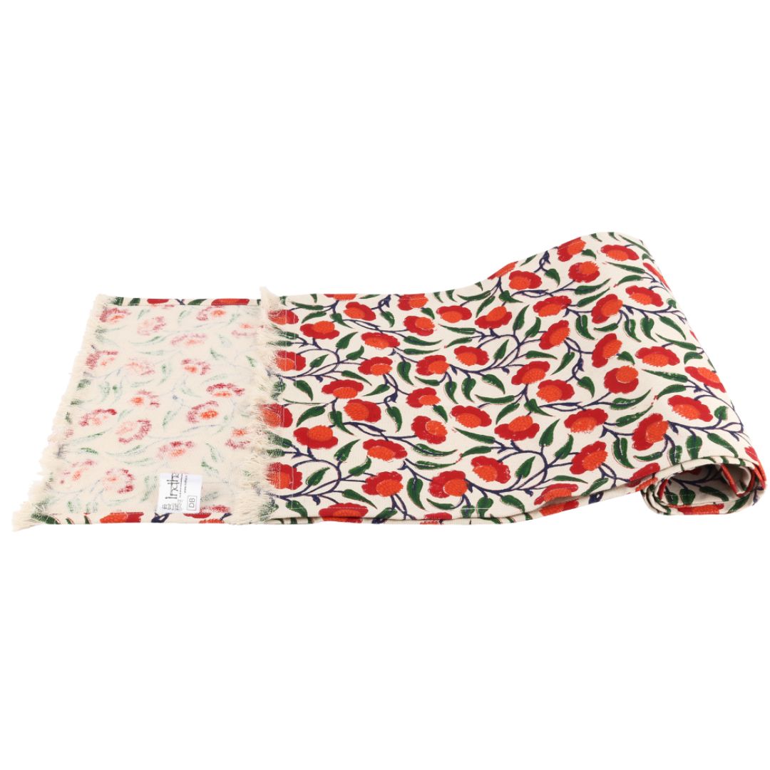 Indha Table Mats And Runner Set | Hand Block-Printed Red And Orange Floral Design Motif Cotton Canvas Set 0f 6 Table Mats And 1 Runner |