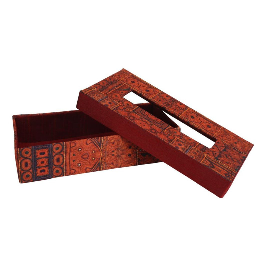 Indha Tissue Box | Handcrafted Tissue Box Orange & Red | Orange and Red Dupion Silk Tissue Box | Black Indian Ethnic Traditional Design Pattern Digitally Printed | 50 Papers Tissue Box |