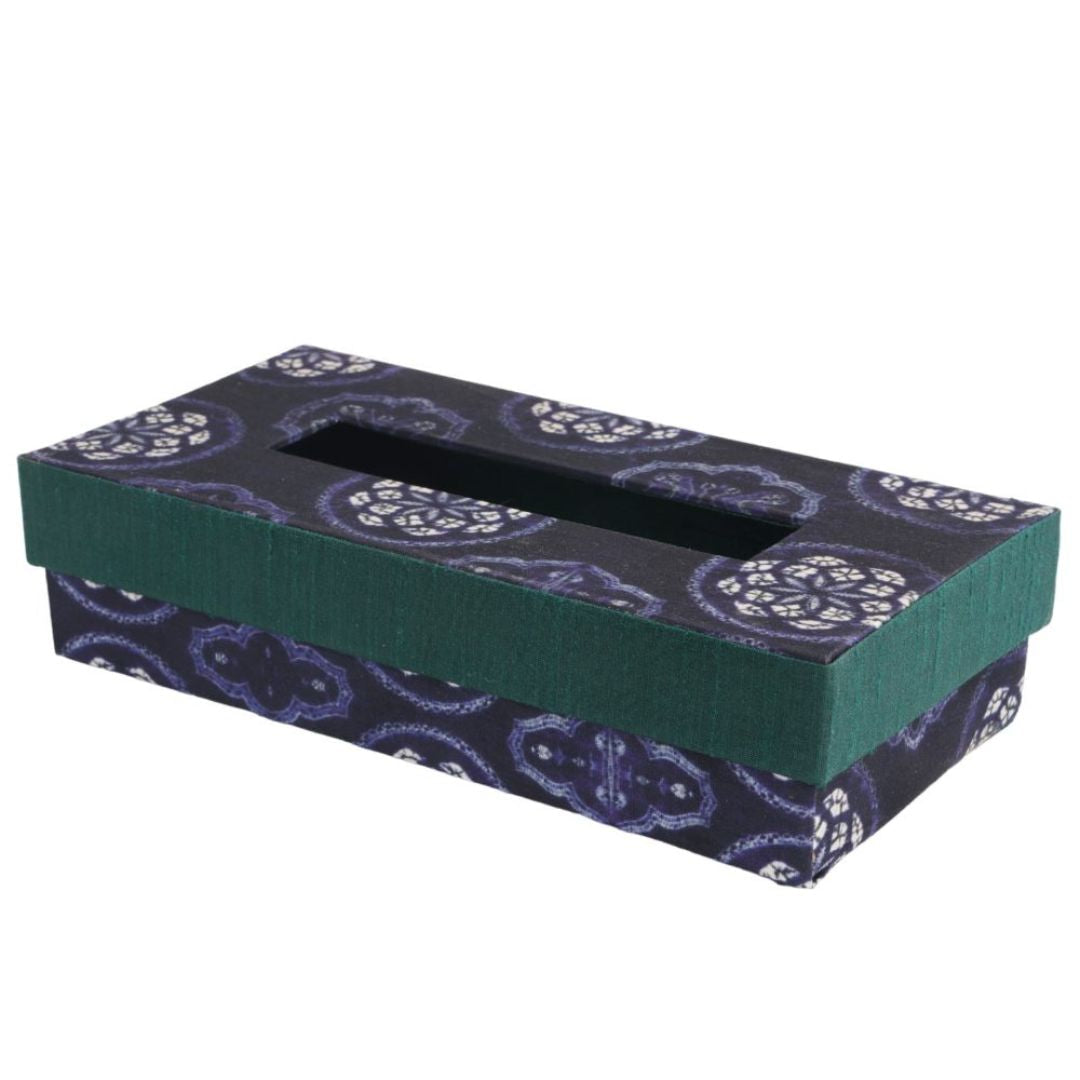 Indha Tissue Box | Handcrafted Tissue Box Blue & Green | Navy Blue and Green Dupion Silk Tissue Box | White Floral Mandala Design Motif Digitally Printed | 50 Papers Tissue Box |