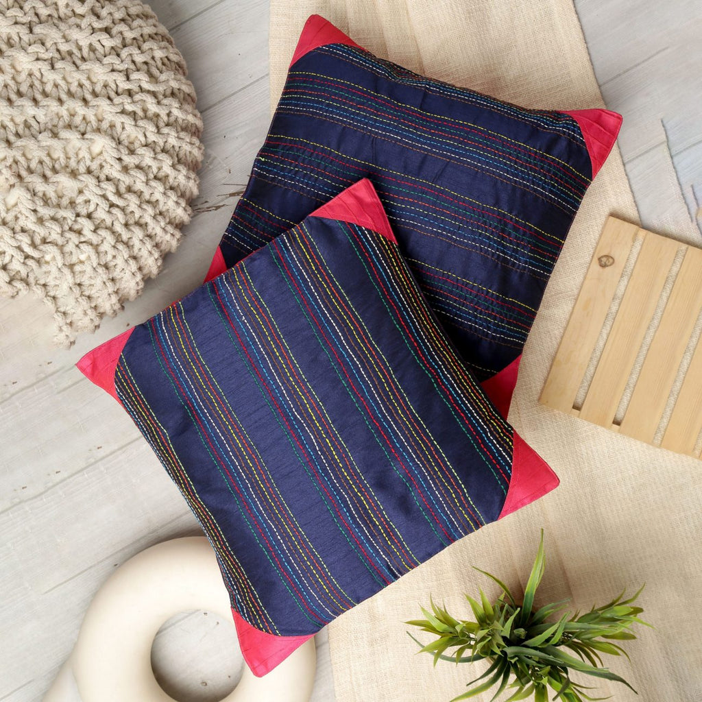 Indha Embroidered Cushion Covers Kantha-Embroidery | 16X16 Cushion Covers Set of 2 | Blue Cushion Covers | Home Furnishing | Home Decor | Corporate Gifting