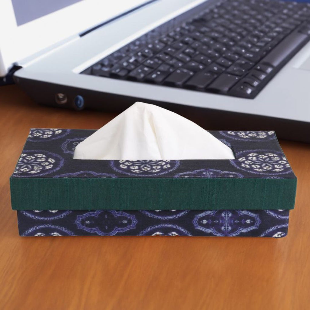 Indha Tissue Box | Handcrafted Tissue Box Blue & Green | Navy Blue and Green Dupion Silk Tissue Box | White Floral Mandala Design Motif Digitally Printed | 50 Papers Tissue Box |