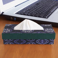 Indha Tissue Box | Handcrafted Tissue Box Blue & Green | Navy Blue and Green Dupion Silk Tissue Box | White Floral Mandala Design Motif Digitally Printed | 50 Papers Tissue Box |
