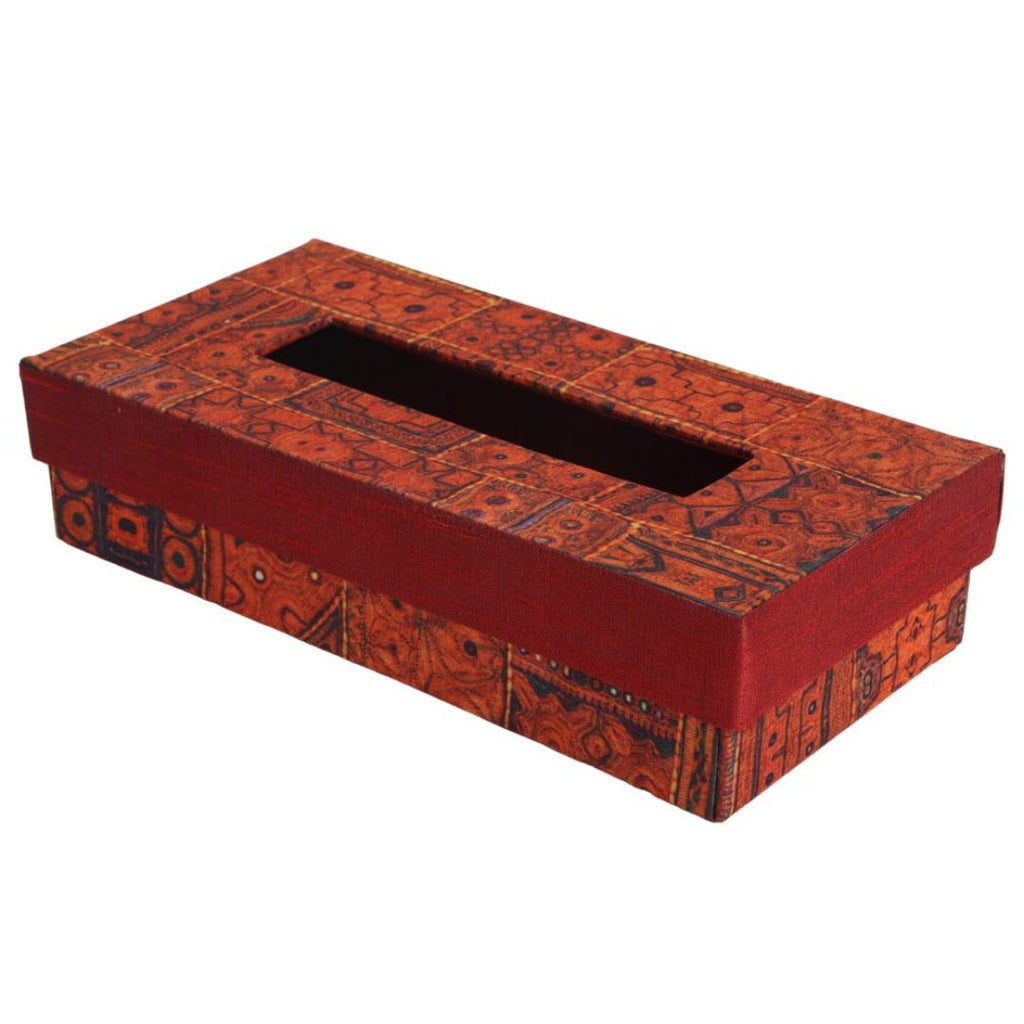 Indha Tissue Box | Handcrafted Tissue Box Orange & Red | Orange and Red Dupion Silk Tissue Box | Black Indian Ethnic Traditional Design Pattern Digitally Printed | 50 Papers Tissue Box |