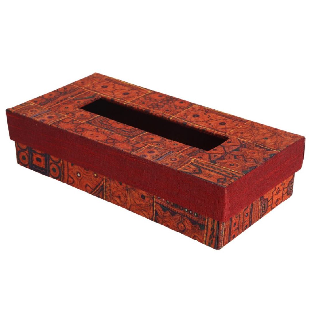 Indha Tissue Box | Handcrafted Tissue Box Orange & Red | Orange and Red Dupion Silk Tissue Box | Black Indian Ethnic Traditional Design Pattern Digitally Printed | 50 Papers Tissue Box |