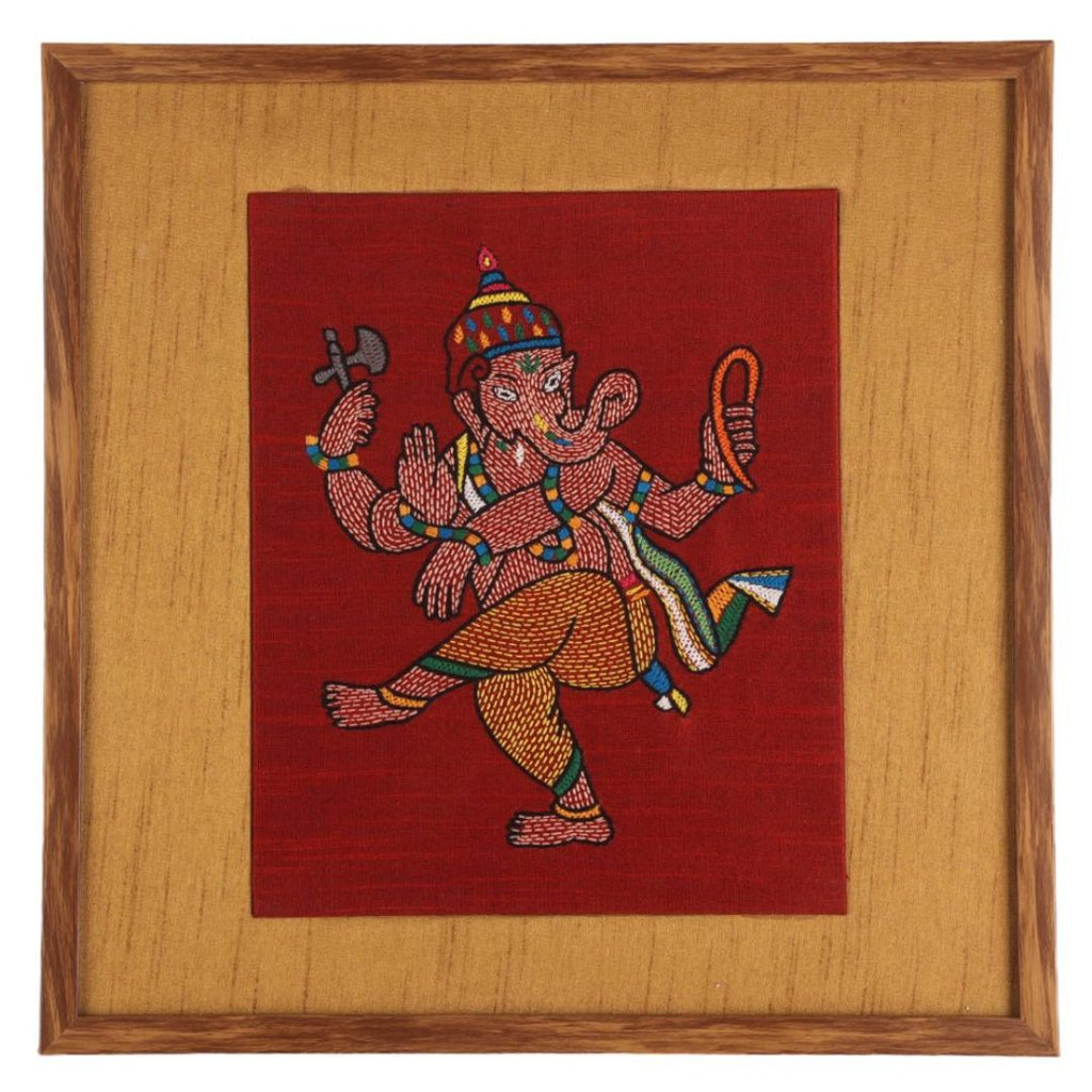 Indha Hand-Embroidered Lord Ganesha Embroidery Wall Art Décor | Sacred Splendor | Unique Gift | Dupion Silk | Eco-Friendly | Indian Art | 39x39 CM | Home &amp; Office Decor