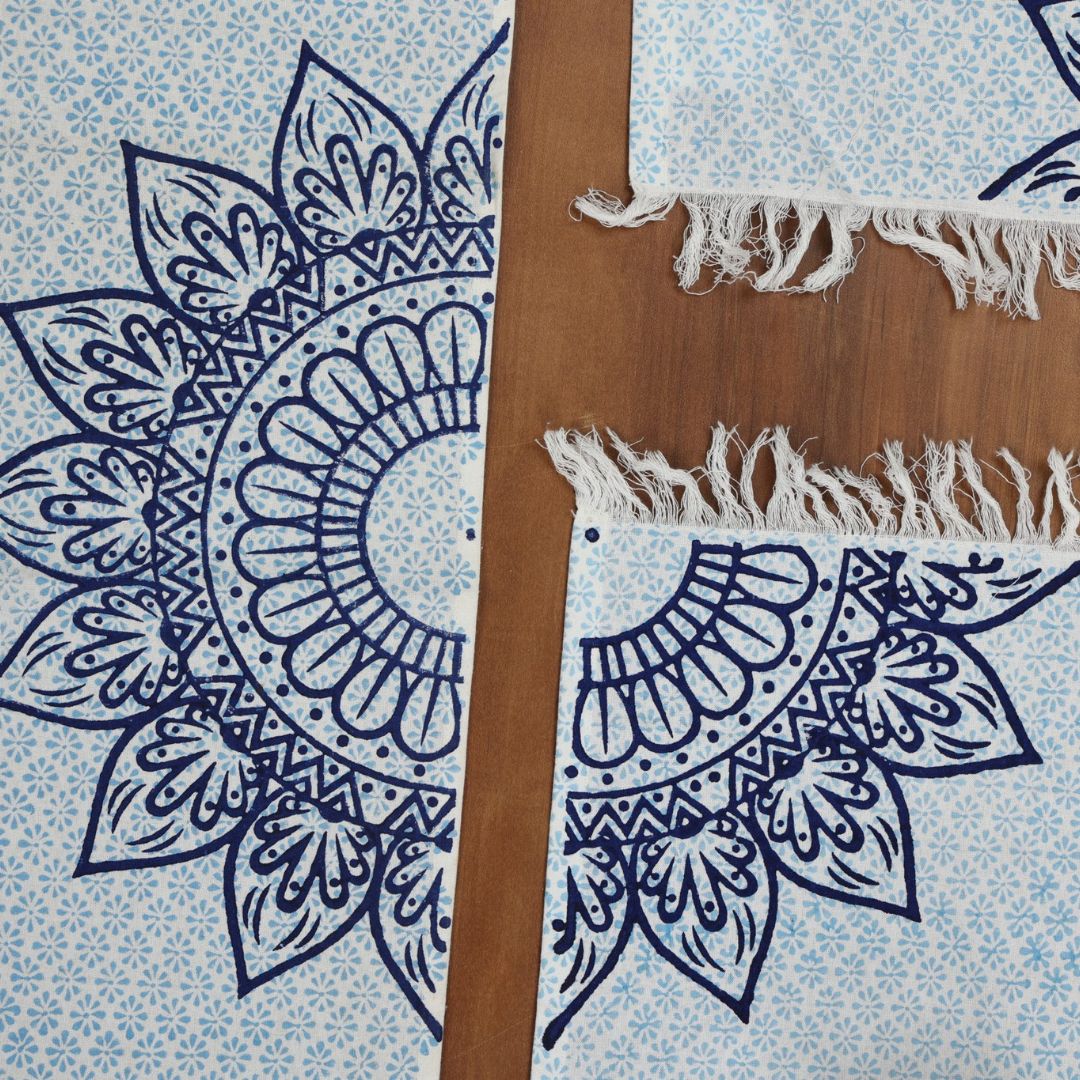 Indha Table Mat & Runner Set | Hand Block-Printed Blue Flower Mandala Design Pattern Cotton Table Mats And Runner Set | Set 0f 6 Table Mats And 1 Runner