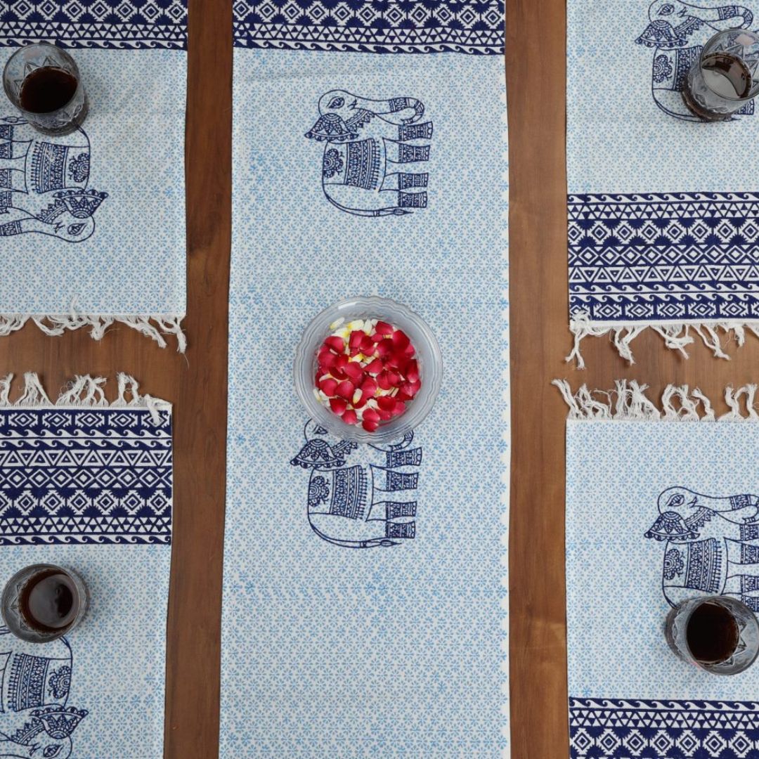 Indha Table Mats And Runner Set |Hand Block-Printed Blue Ethnic Elephant Design  Pattern Cotton Set 0f 6 Table Mats And 1 Runner |