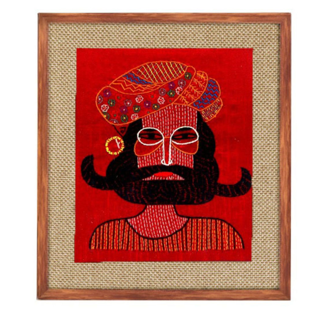 INDHA Wooden Framed Wall Decor With Hand Embroidered Portrait Of Rural Rajasthani Man Rural Woman