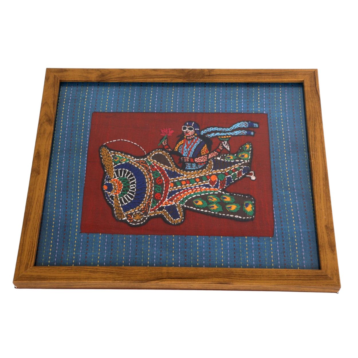 Handcrafted Embroidered Aircraft Folk Art Wall Frame – Traditional Textile Wall Décor with Wooden Frame
