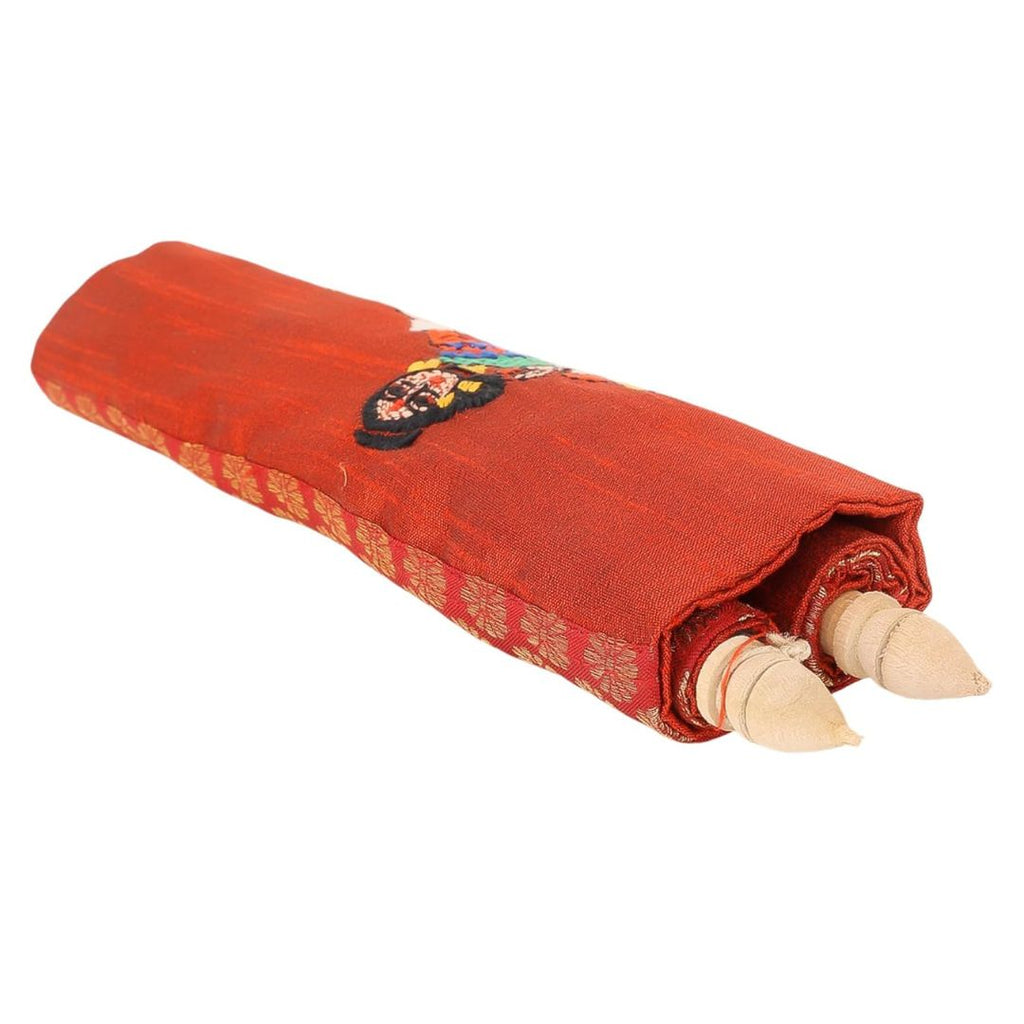 Indha Handcrafted Wall Scroll | Maroon Dupion Silk with Gold Brocade Borders | Handmade Home Décor | Wooden Finials | Gift-Ready Hanging Scroll