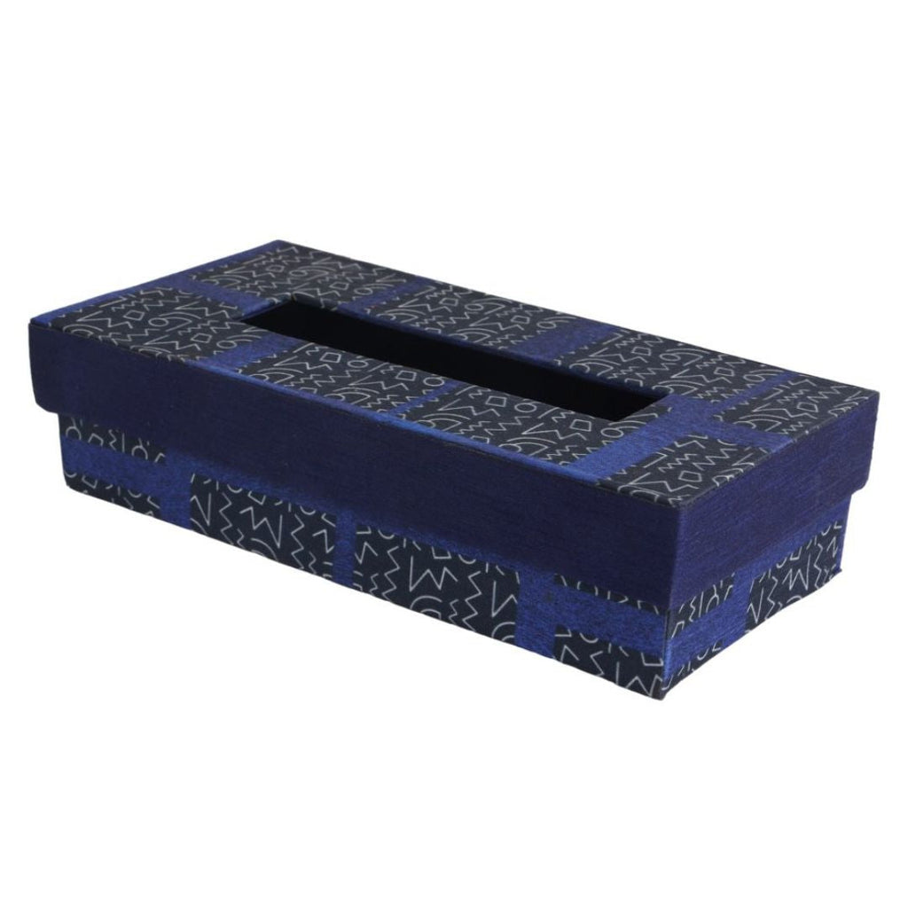 Indha Tissue Box | Handcrafted Tissue Paper Box Black & Blue | Black & Blue Dupion Silk Tissue Box | White And Blue Abstract Line Pattern Design Digitally Printed | 50 Papers Tissue Box |
