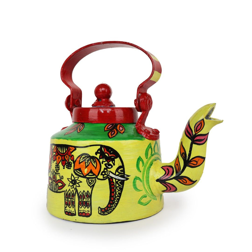 INDHA Yellow Hand Painted Aluminium Decorative Kettle With Elephant Print | Handpainted Décor | Home Décor | Home Utility | Living Room Décor | Gifting | Décor | Kitchen Utility