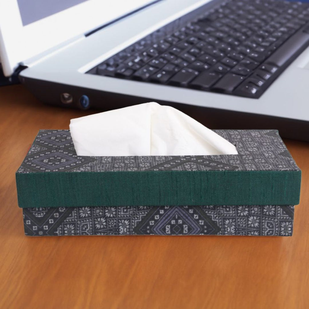 Indha Tissue Box | Handcrafted Tissue Box Black & Grey | Black and Green Dupion Silk Tissue Box | Mild Grey Ethnic Geometric Pattern Design Digitally Printed | 50 Papers Tissue Box |