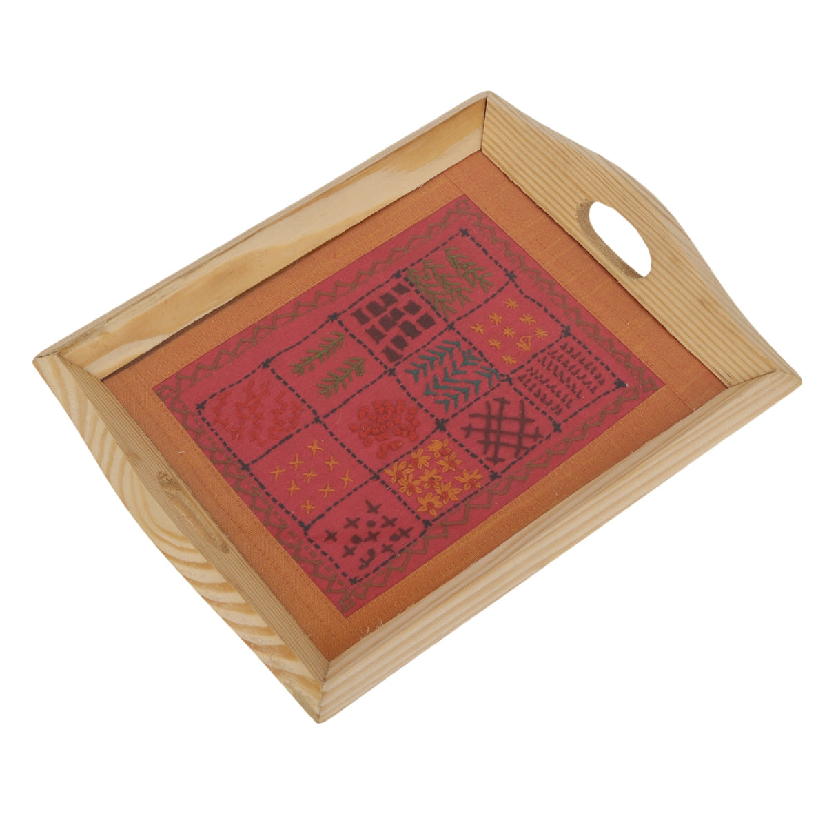 Indha Hand Embroidered Patchwork Motif Tray | Dupion Silk Pine Wood Wooden Serving & Decorative Tray