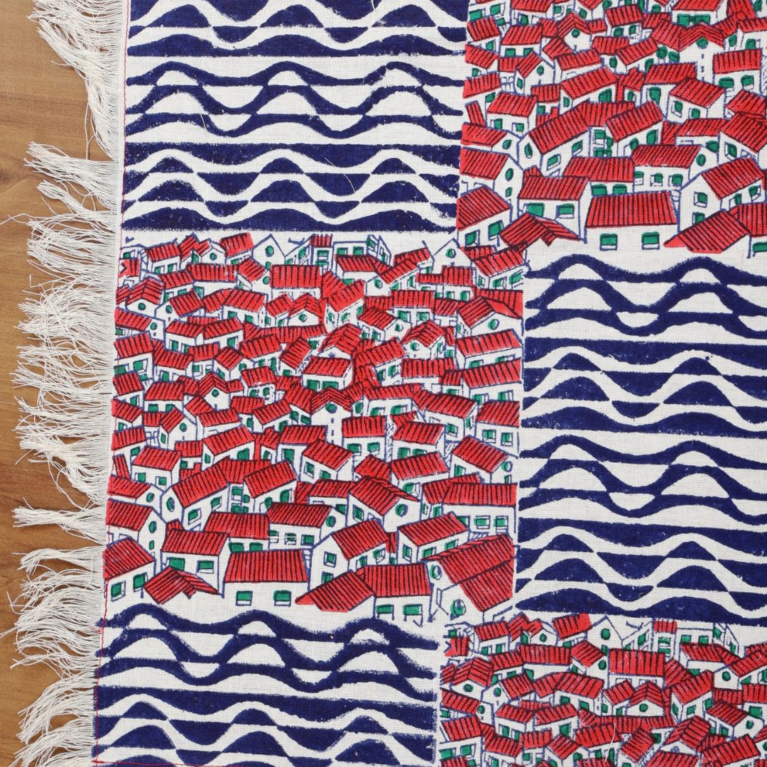 Indha Table Mat &amp; Runner Set | Hand Block Printed Red-White Hut Motif And Blue Design Pattern Cotton Table Mats And Runner Set | Set 0f 6 Table Mats And 1 Runner |