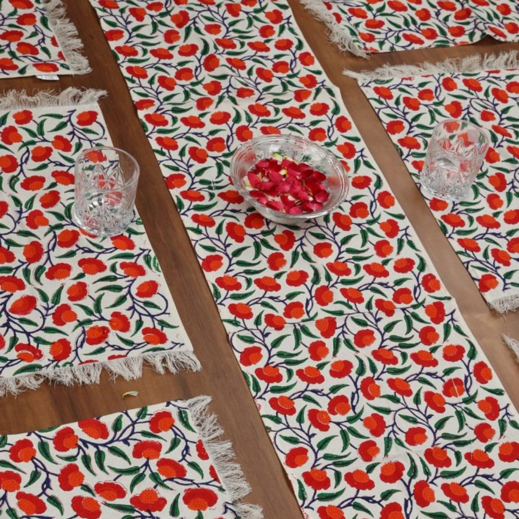 Indha Table Mats And Runner Set | Hand Block-Printed Red And Orange Floral Design Motif Cotton Canvas Set 0f 6 Table Mats And 1 Runner |