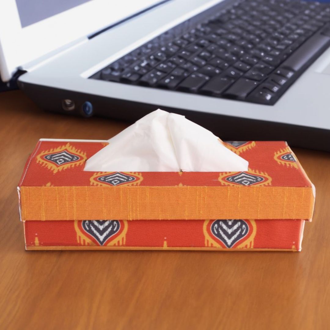 Indha Tissue Box | Handcrafted Tissue Box Orange | Red And Orange Dupion Silk Tissue Box | Blue And Yellow Flame Design Motif Digitally Printed | 50 Papers Tissue Box