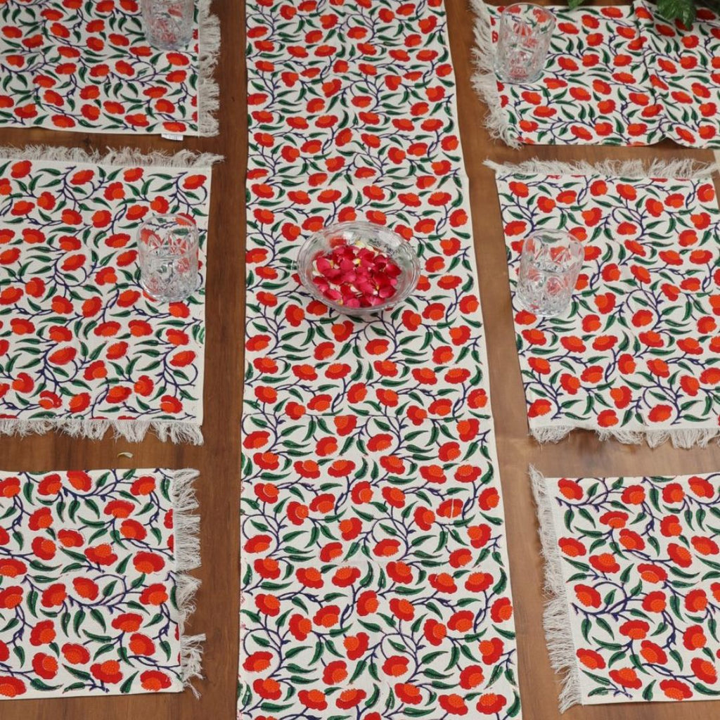 Indha Table Mats And Runner Set | Hand Block-Printed Red And Orange Floral Design Motif Cotton Canvas Set 0f 6 Table Mats And 1 Runner |