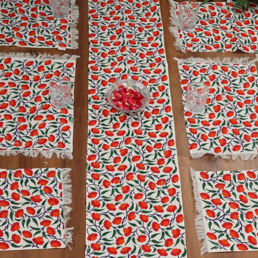 Indha Table Mats And Runner Set | Hand Block-Printed Red And Orange Floral Design Motif Cotton Canvas Set 0f 6 Table Mats And 1 Runner |