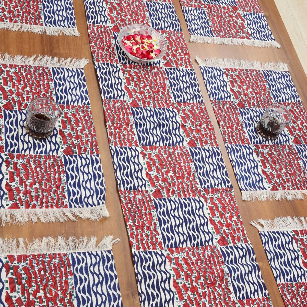 Indha Table Mat &amp; Runner Set | Hand Block Printed Red-White Hut Motif And Blue Design Pattern Cotton Table Mats And Runner Set | Set 0f 6 Table Mats And 1 Runner |