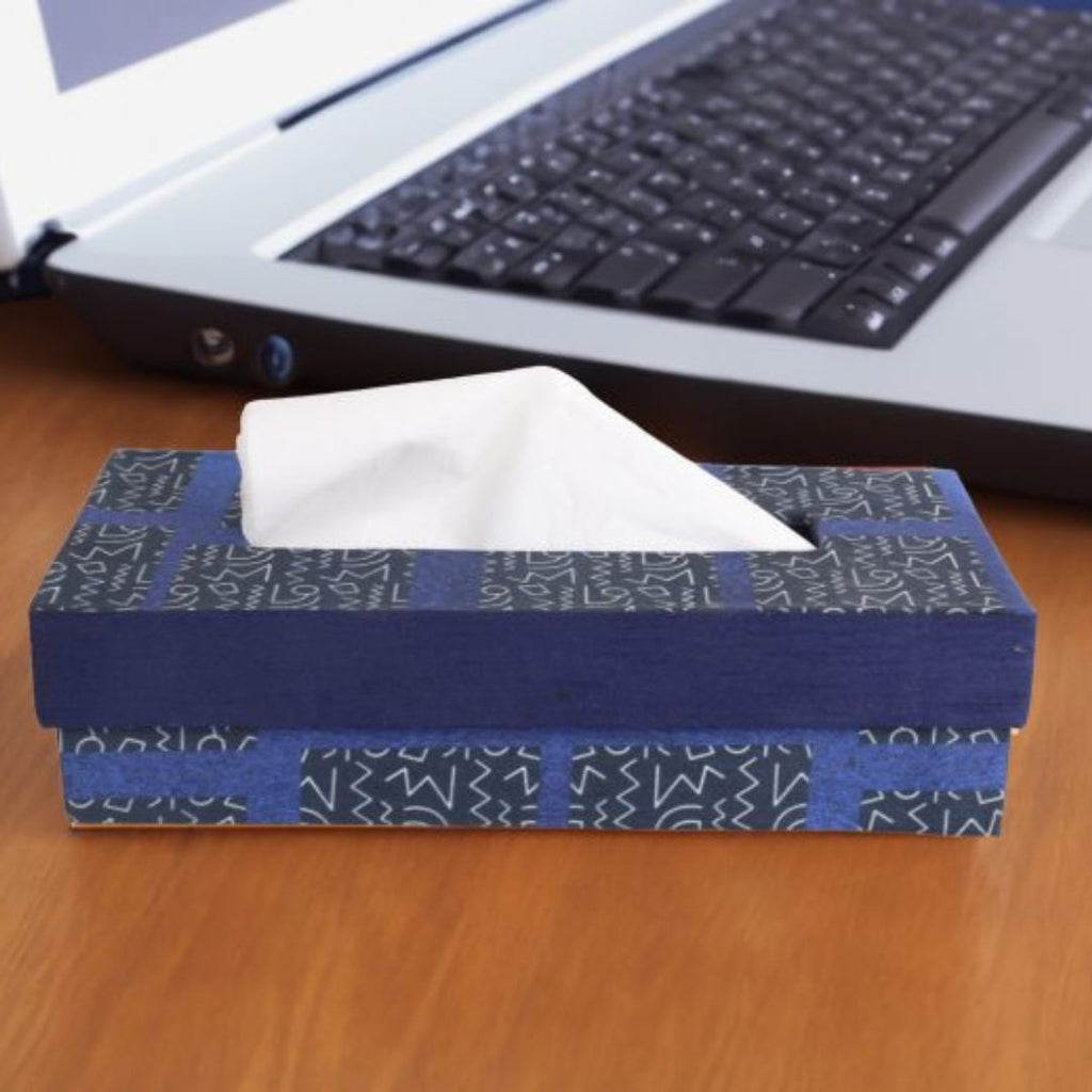 Indha Tissue Box | Handcrafted Tissue Paper Box Black & Blue | Black & Blue Dupion Silk Tissue Box | White And Blue Abstract Line Pattern Design Digitally Printed | 50 Papers Tissue Box |