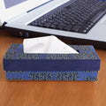 Indha Tissue Box | Handcrafted Tissue Paper Box Black & Blue | Black & Blue Dupion Silk Tissue Box | White And Blue Abstract Line Pattern Design Digitally Printed | 50 Papers Tissue Box |