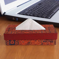 Indha Tissue Box | Handcrafted Tissue Box Orange & Red | Orange and Red Dupion Silk Tissue Box | Black Indian Ethnic Traditional Design Pattern Digitally Printed | 50 Papers Tissue Box |