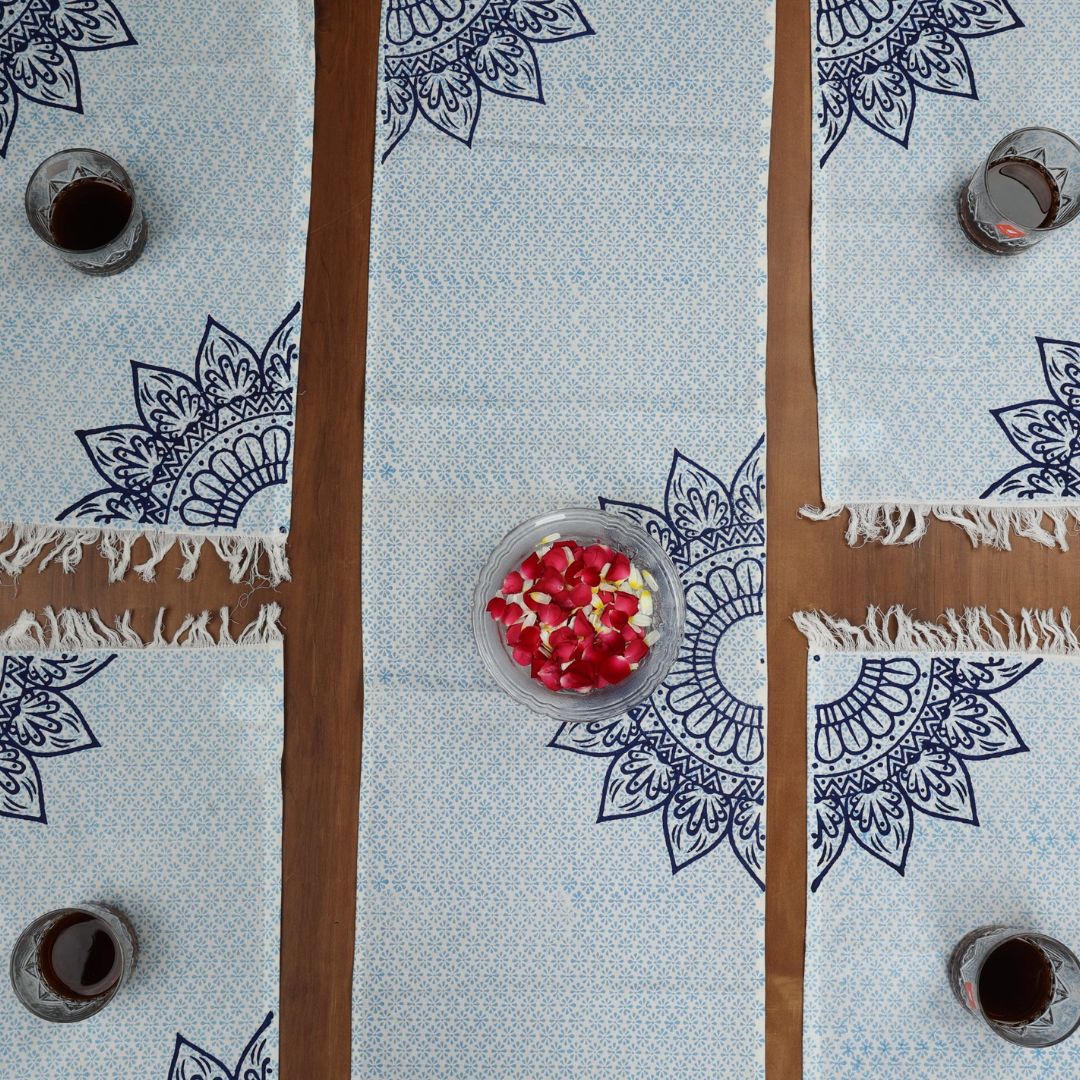 Indha Table Mat & Runner Set | Hand Block-Printed Blue Flower Mandala Design Pattern Cotton Table Mats And Runner Set | Set 0f 6 Table Mats And 1 Runner