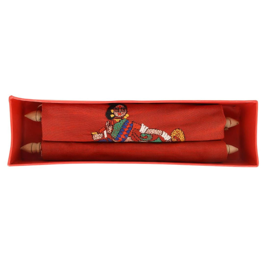 Indha Handcrafted Wall Scroll | Maroon Dupion Silk with Gold Brocade Borders | Handmade Home Décor | Wooden Finials | Gift-Ready Hanging Scroll