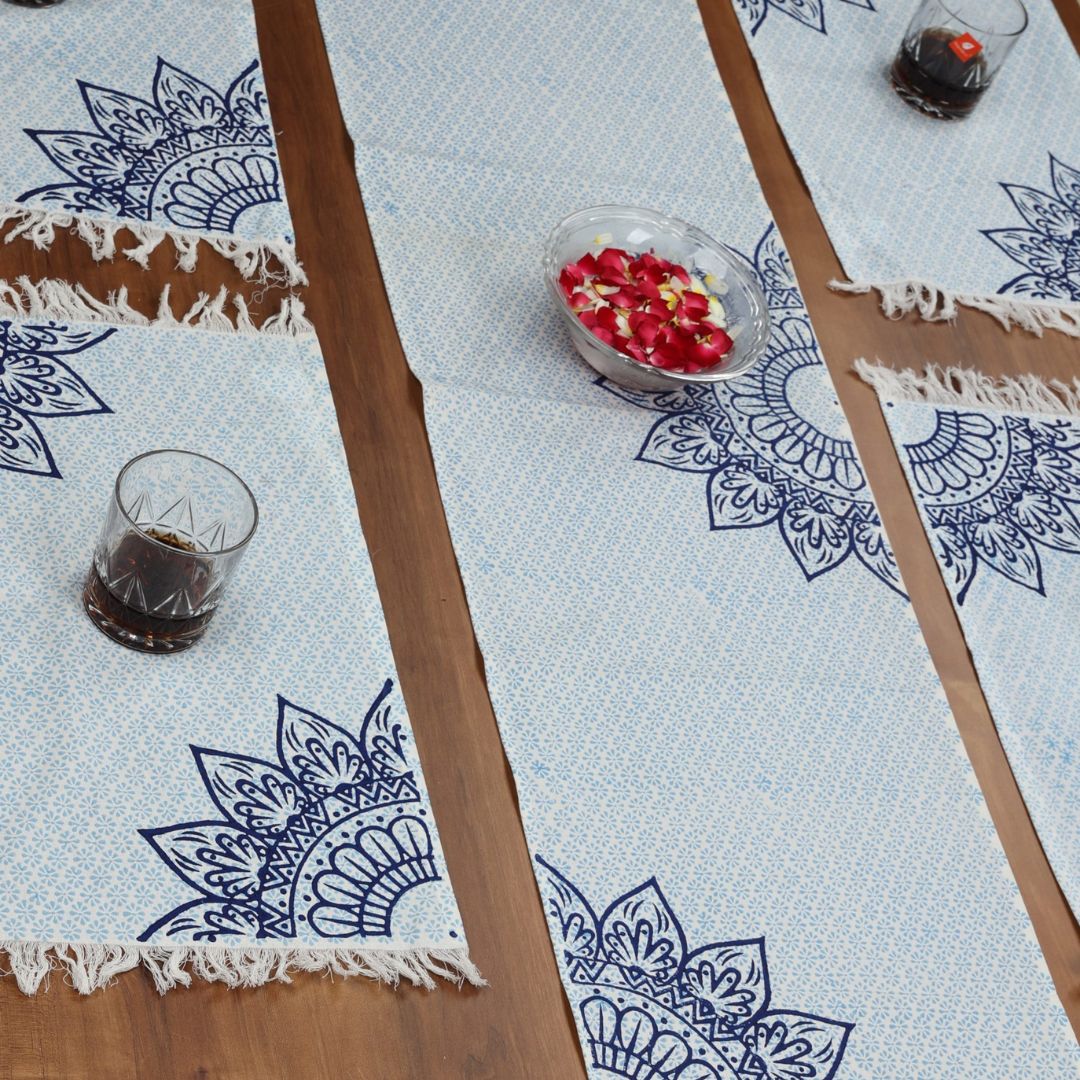 Indha Table Mat & Runner Set | Hand Block-Printed Blue Flower Mandala Design Pattern Cotton Table Mats And Runner Set | Set 0f 6 Table Mats And 1 Runner