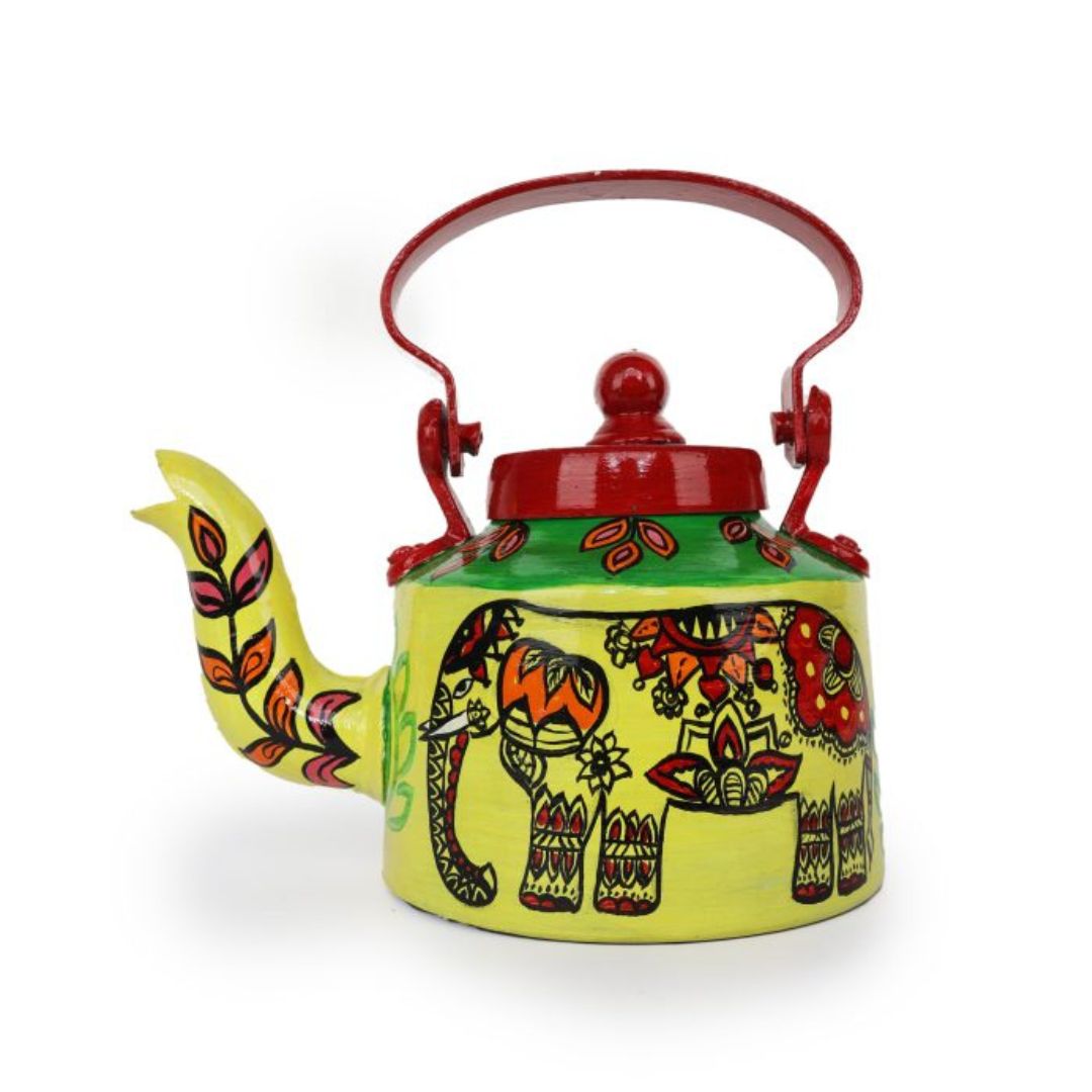 INDHA Yellow Hand Painted Aluminium Decorative Kettle With Elephant Print | Handpainted Décor | Home Décor | Home Utility | Living Room Décor | Gifting | Décor | Kitchen Utility