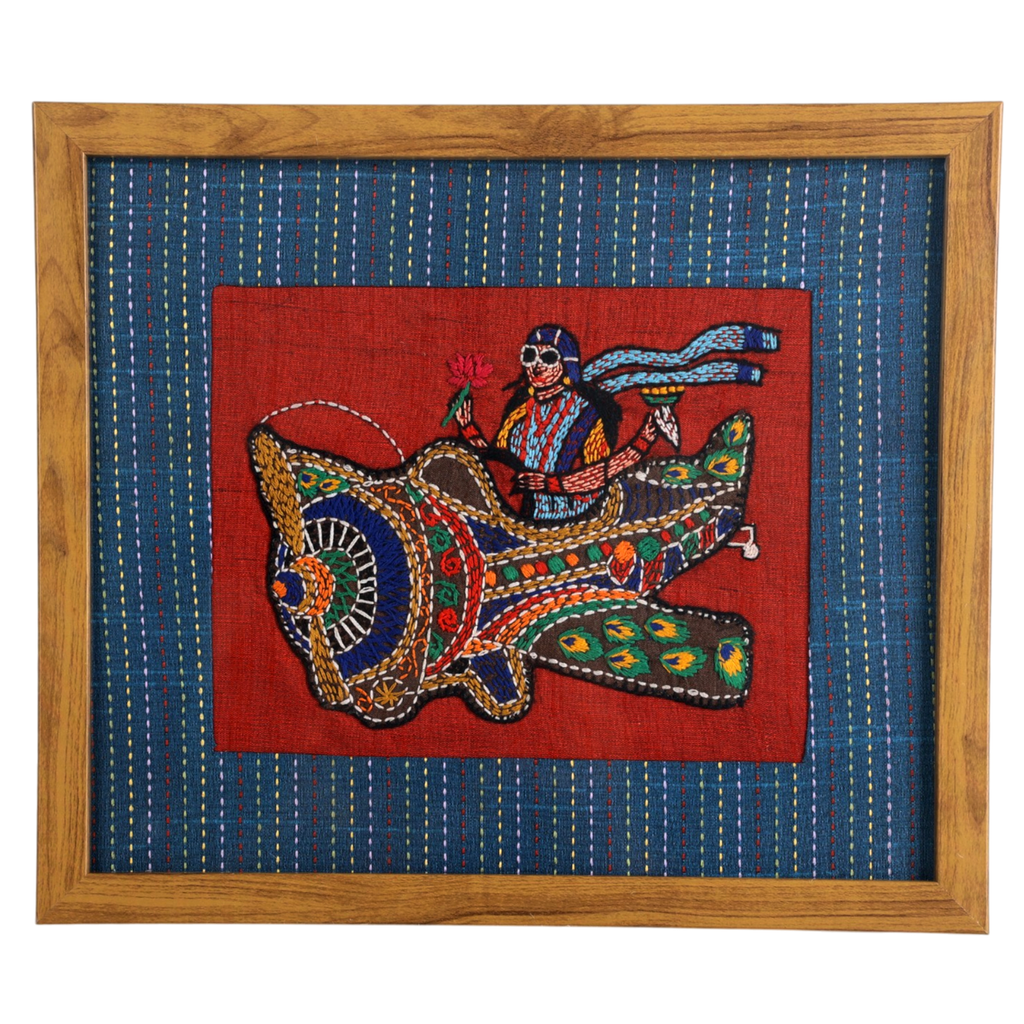 Handcrafted Embroidered Aircraft Folk Art Wall Frame – Traditional Textile Wall Décor with Wooden Frame