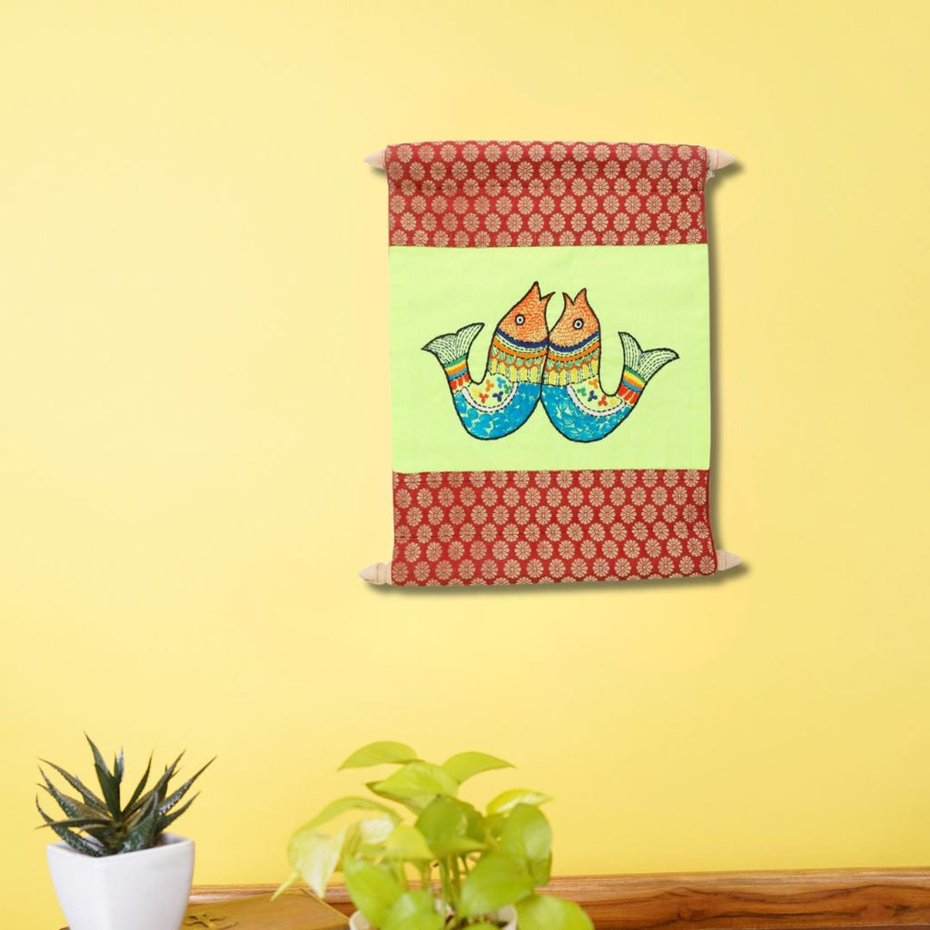Indha Hand-Embroidered Wall Scroll | Lime-Green Dupion Silk with Red Brocade | Handmade Wall Hanging with Wooden Finials | Gift-Ready Ethical Home Décor