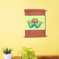 Indha Hand-Embroidered Wall Scroll | Lime-Green Dupion Silk with Red Brocade | Handmade Wall Hanging with Wooden Finials | Gift-Ready Ethical Home Décor