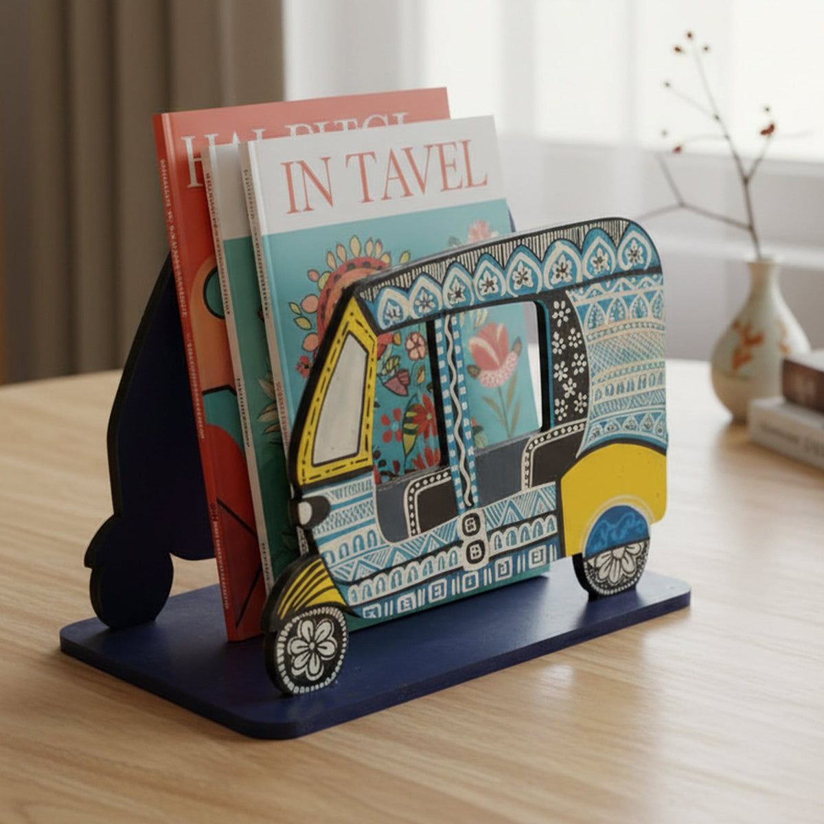 Indha Hand-Painted Auto Rickshaw Tissue / Book Holder | Quirky Retro Wooden Desk & Table Décor| Tourist|Travel Gifting