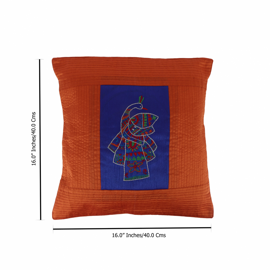 Indha Embroidered Cushion Cover Peacock Embroidery |16x16 Inches Cushion Covers set of 2 | Throw Cushion Covers | Home Decor | Home Furnishing | Corporate Gifting | Orange &amp; Blue Cushion Cover
