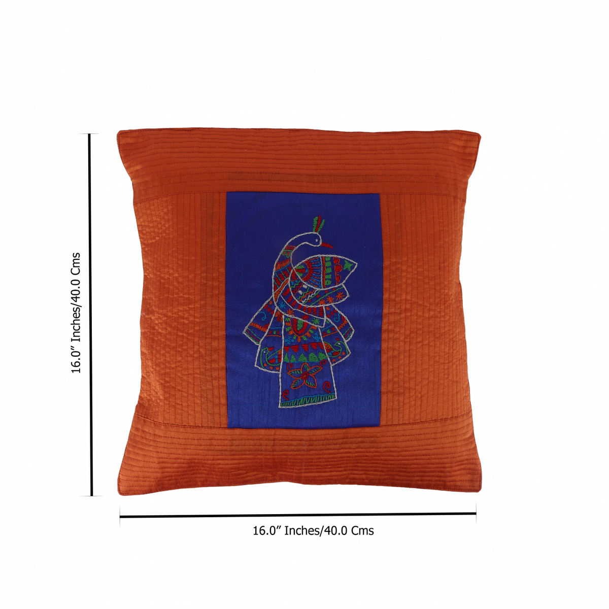 Indha Embroidered Cushion Cover Peacock Embroidery |16x16 Inches Cushion Covers set of 2 | Throw Cushion Covers | Home Decor | Home Furnishing | Corporate Gifting | Orange &amp; Blue Cushion Cover