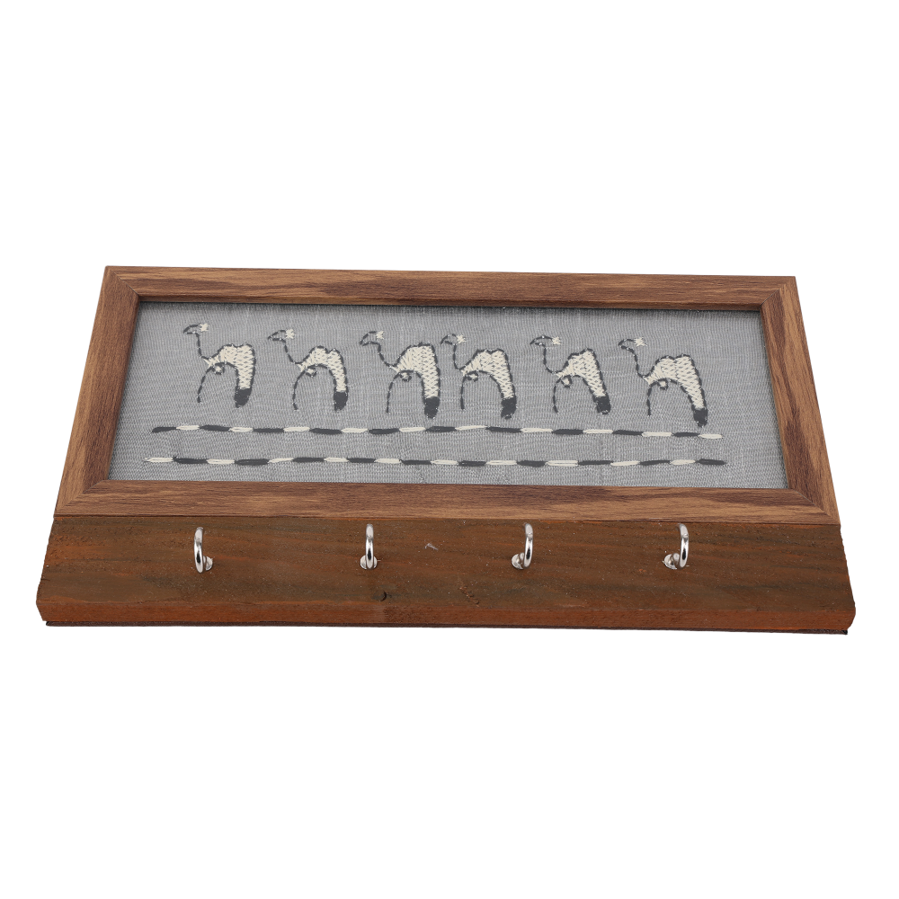 Indha Handcrafted Grey Dupion Silk Key Holder | Hand Embroidered Camel Design | Chain Stitch & Kantha Work | Pine Wood Wall Mounted Key Rack